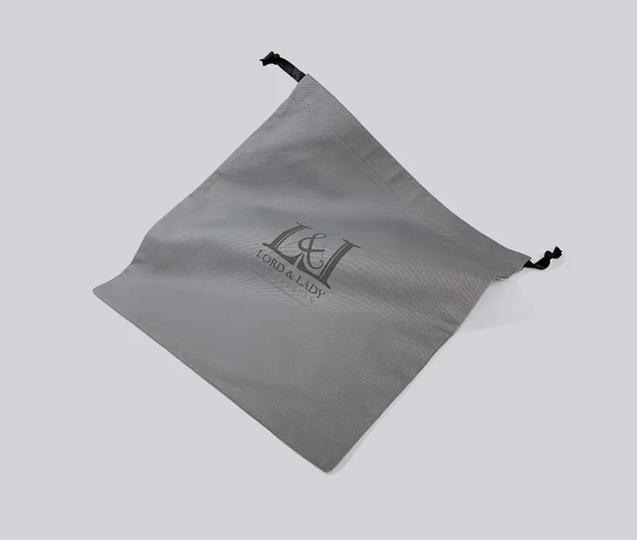 Grey cotton dust bag with printed logo.