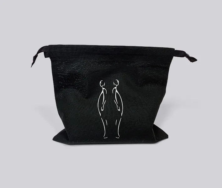 Black cotton dust bag with printed logo.