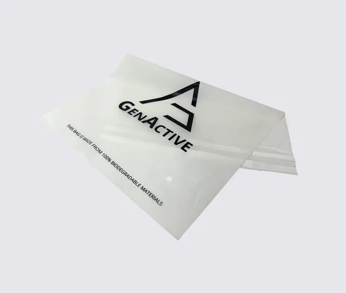 Genactive printed polybag produced in bio-based corn starch.